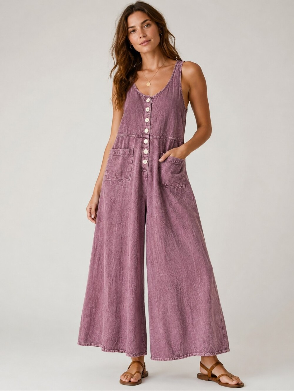 Earthbound Sleeveless Button-Front Wide-Leg Jumpsuit in Mauve Acid Wash Size Lg